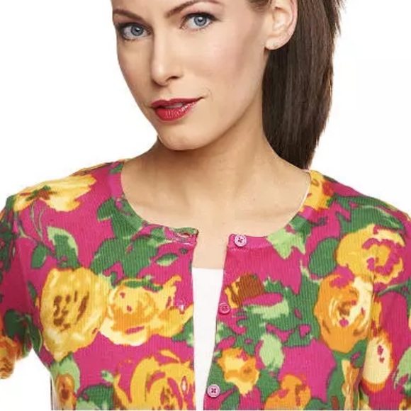 Isaac Mizrahi Sweaters - Isaac Mizrah Live! Floral Pink and Yellow Cardigan